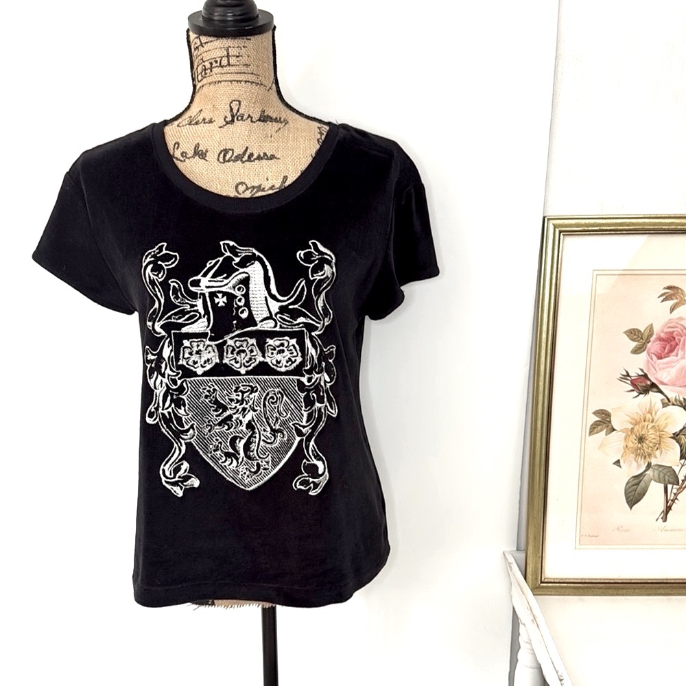 Wildfox White Label Silver Crest Graphic Black Velvet Top Sz M